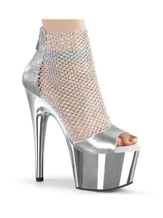 Platform Rhinestone Mesh Shootie Sandals - Silver